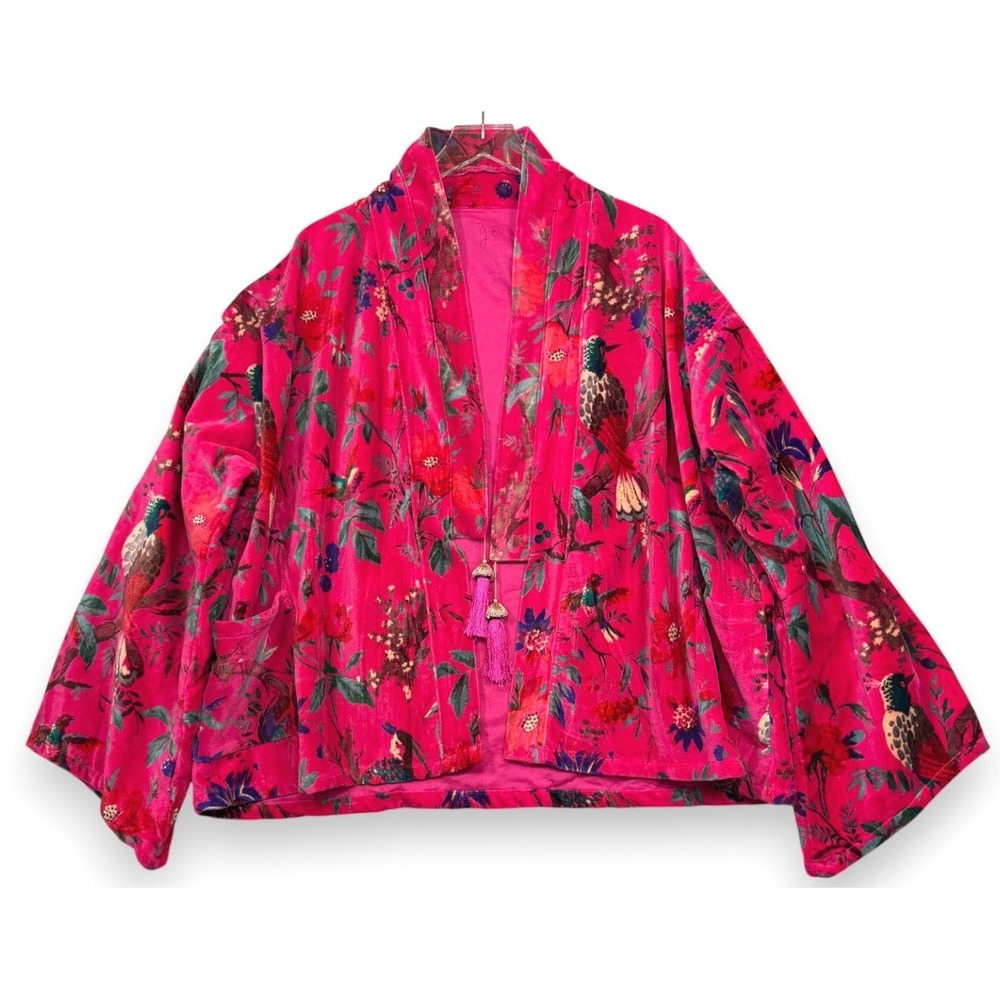 Vintage Kimono Velvet Jacket Womens OS Hot Pink Asian Birds‎ Floral Birds Tassel